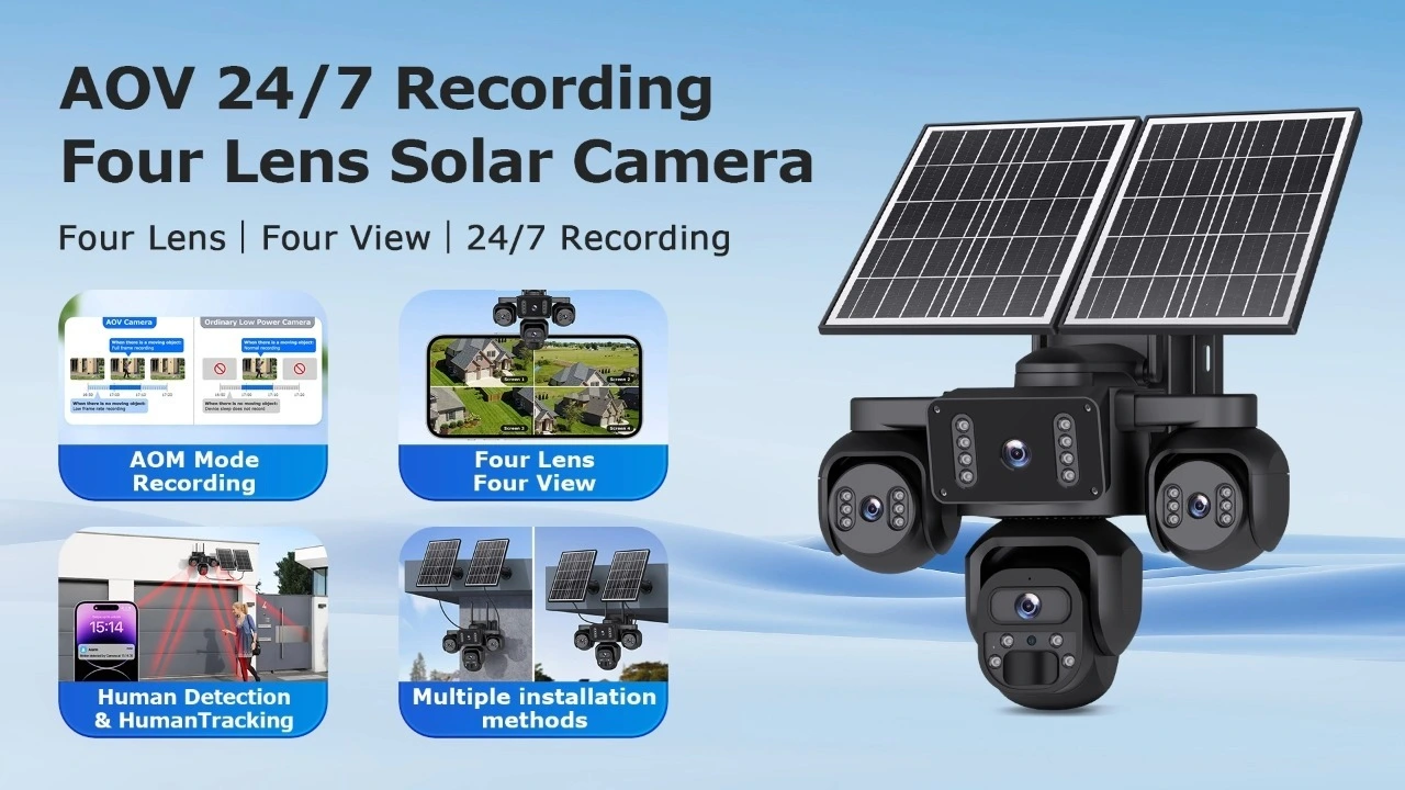Caméra de sécurité extérieure AOV 4G avec vision nocturne couleur, enregistrement 24h/24 et 7j/7, écran quadruple 20MP et batterie solaire PTZ IP66. 1
