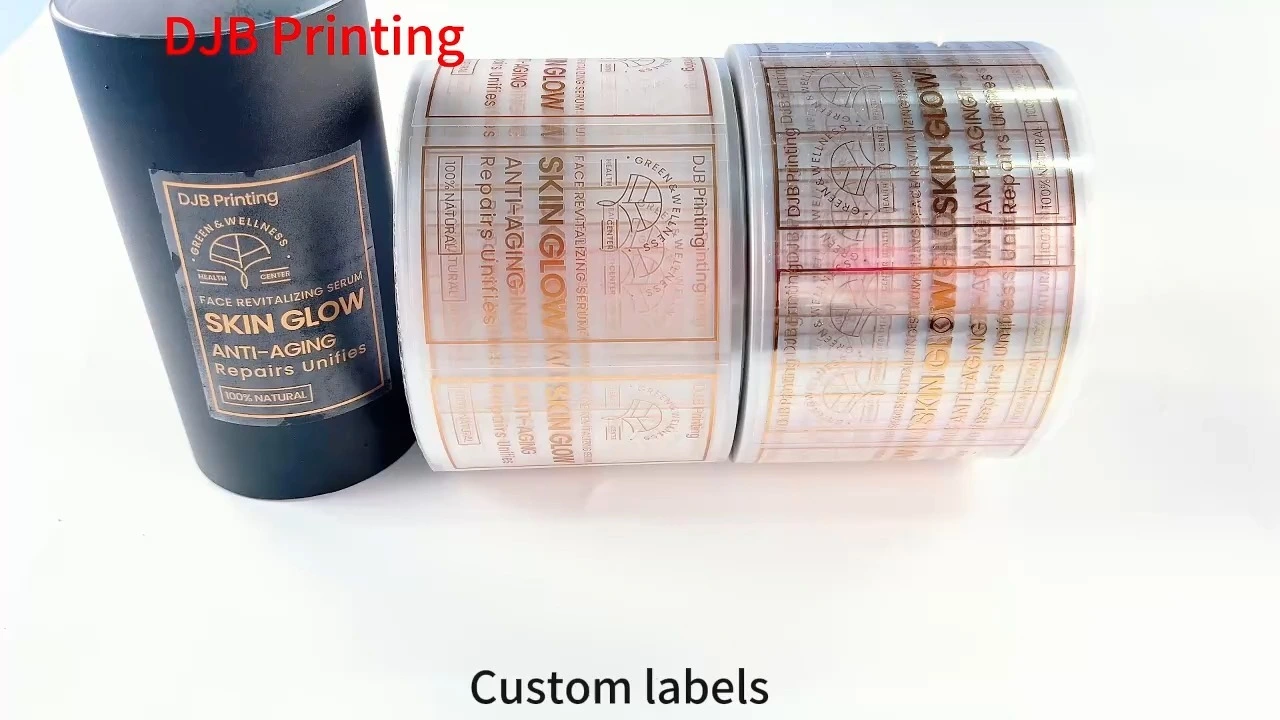 Etichette personalizzate | Adesivi trasparenti con logo cosmetico in lamina d&#39;oro stampati a caldo - Autoadesivi impermeabili - Stampa Cina1 1
