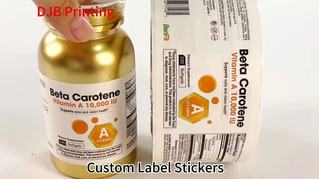 Étiquettes autocollantes personnalisées imprimées - Étiquettes pour flacons de compléments alimentaires à base de vitamine A et de bêta-carotène, avec service de conception sur mesure 1