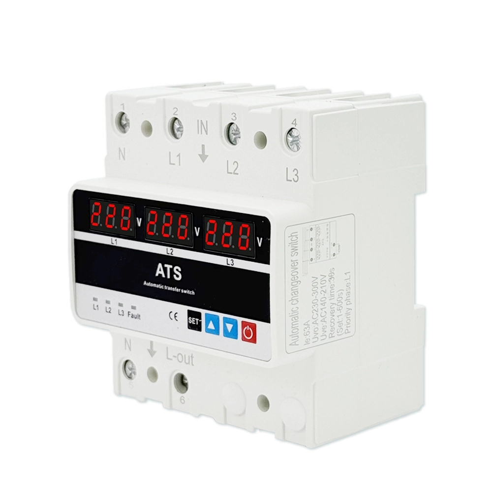 Protector de voltaje y corriente trifásico ajustable de 63 A, relé de monitoreo con triple pantalla digital y protección contra desequilibrio y secuencia de fases. 1