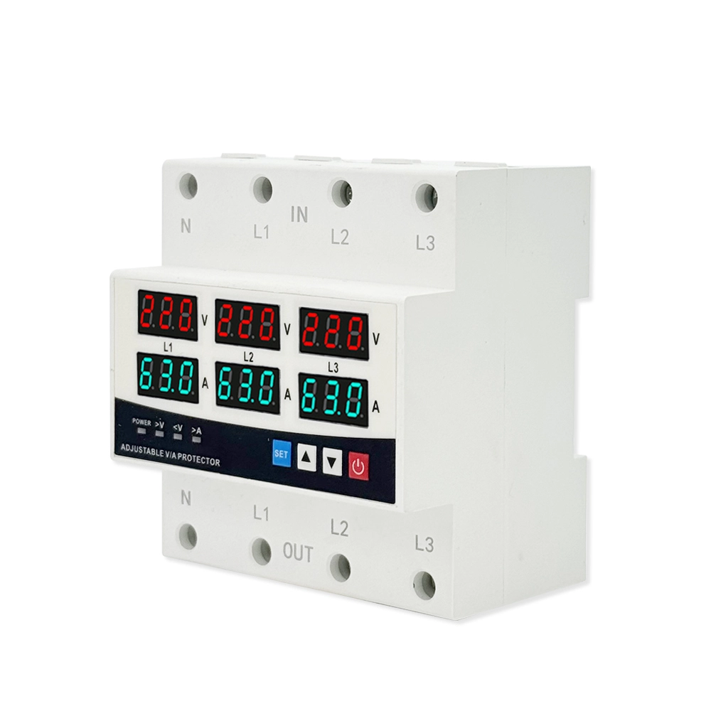 Protection triphasée 63 A contre les surtensions et les surintensités, relais de surveillance de phase complet avec suivi simultané L1/L2/L3 et réenclenchement automatique 1