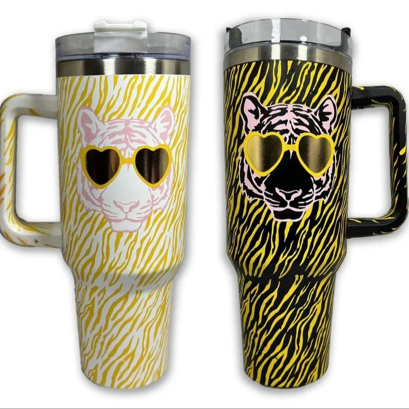 Custom 40oz 20oz Straight Double Wall Stainless Steel Insulated Elephant Striped Tumbler With Straw And Handle 1
