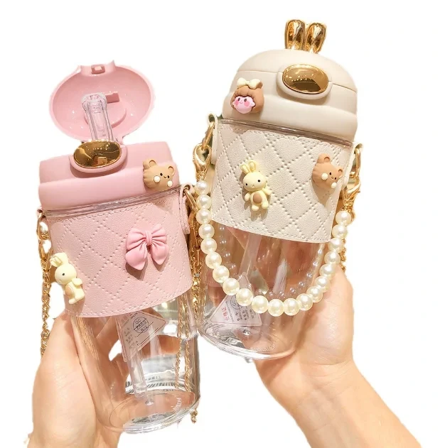 Silicone Case Water Bottle Chain Strap School Portable Plastic With Straw Pearls Metal Wholesale Bpa Free Cute Kids For Girls 1
