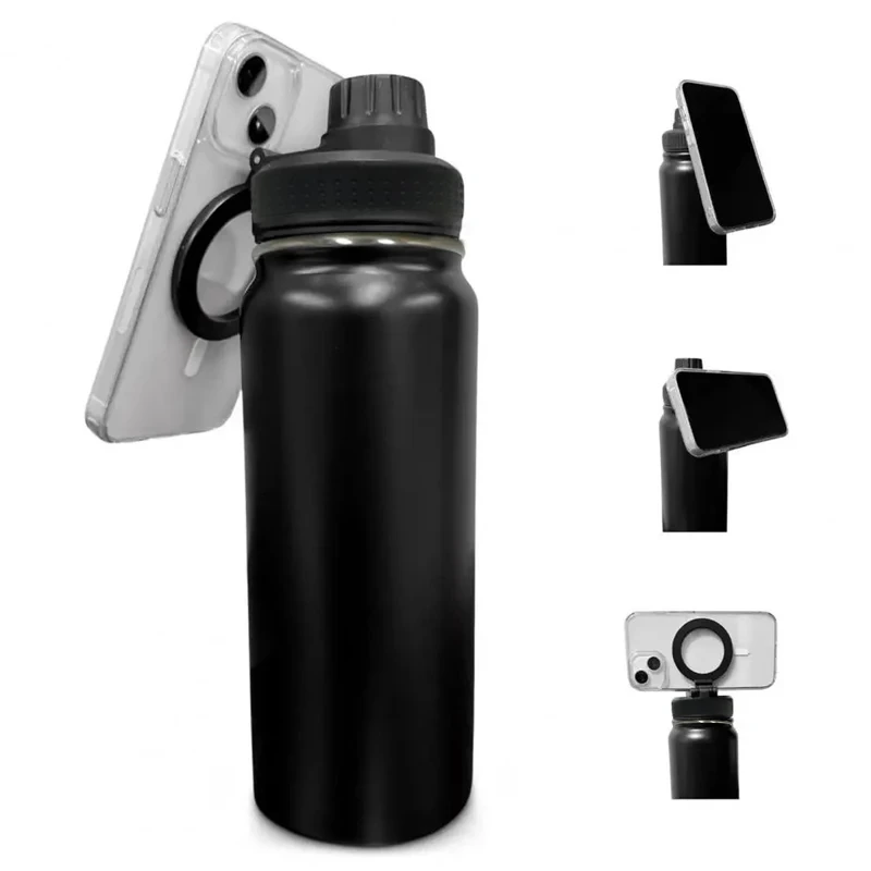 2024 New Gym Magnetic Water Bottle Phone Holder Vacuum Stainless Steel Sports Water Bottle With Magnet Cell Phone Mount Stand 1
