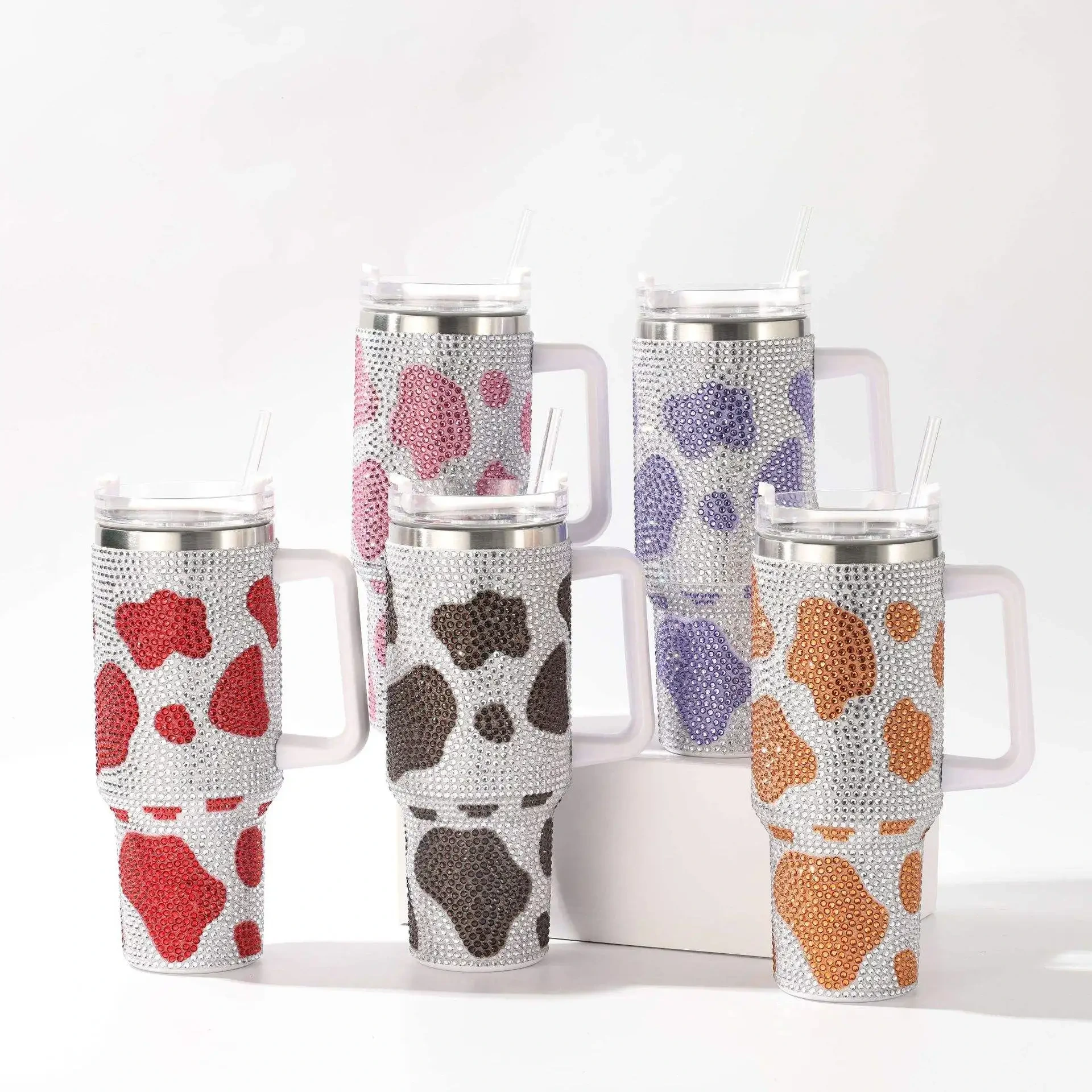 40oz Bling Bling Rhinestone Cow Print Double Wall Thermos Hot Cold Tumbler Stainless Steel With Handle 1