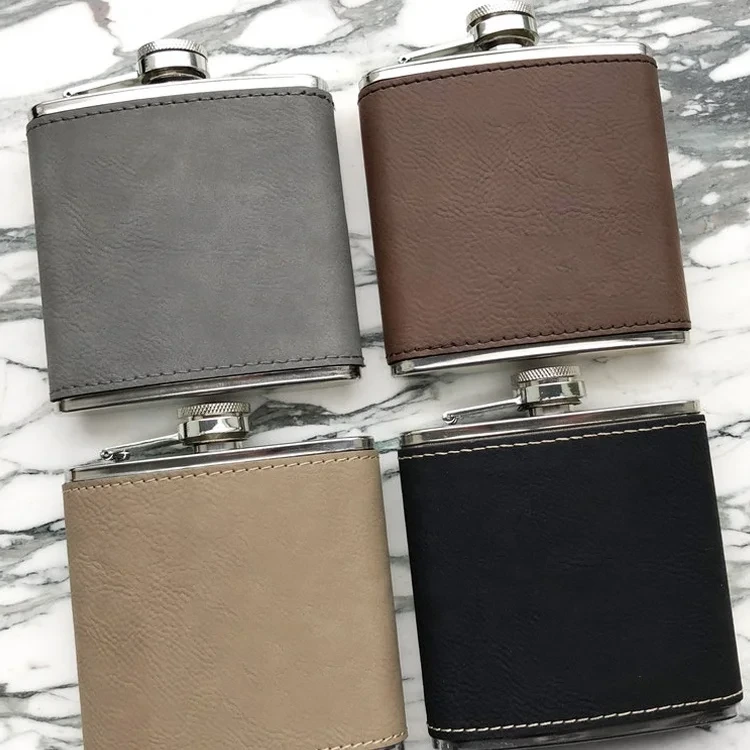 Print Logo Monogrammed Hip Flasks Leather 6oz Stainless Steel Hip Flask With Vegan Leather Cover 1