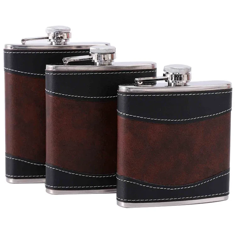 Factory Wholesale 6 7 8 Oz Splicing Leather Cover Creative Liquor Alcohol Pocket Flask Stainless Steel Leather Hip Flask 1
