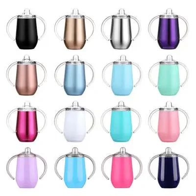 Venta al por mayor, taza de viaje de acero inoxidable de doble pared de 10oz, taza aislada para bebé, taza para sorber con forma de huevo, taza de café con mango 1
