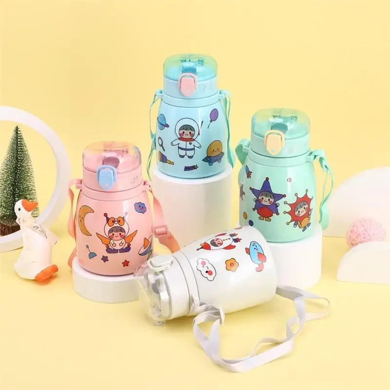 New Design Large Capacity Double Wall Stainless Steel Big Belly Cup Straw Elastic Cap Kid Thermos Bottle With Rope 1