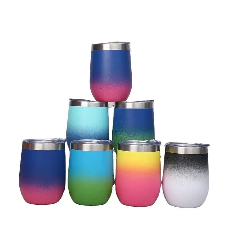 Hot Sale 12oz Double Wall Stainless Steel Vacuum Egg Shape Tumbler Insulated Wine Cup With Lid Customizable Tumbler Mugs 1