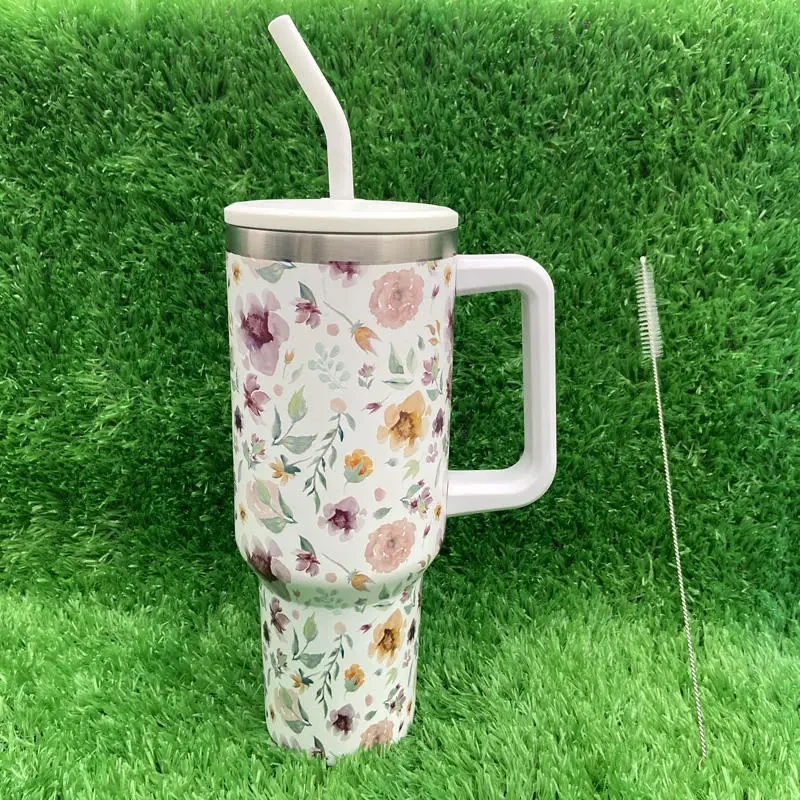 Copo de caneca de viagem de aço inoxidável revestido com impressão de logotipo personalizado de 40 onças com alça para copo 1
