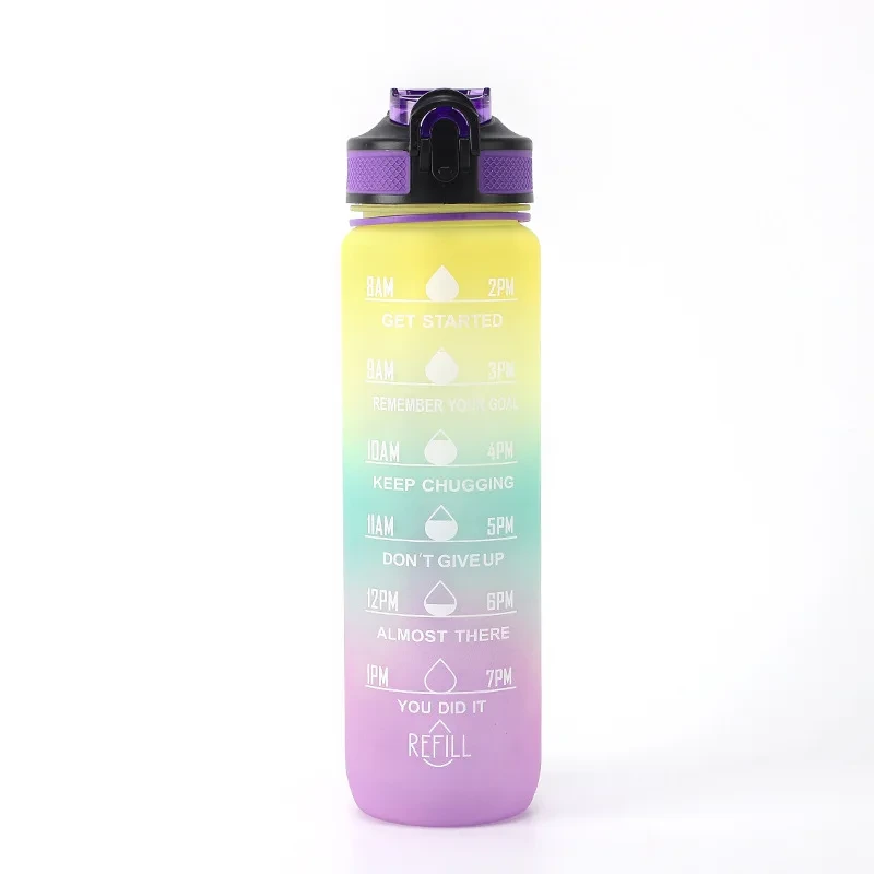 Novo design sem Bpa 1l de plástico de grande capacidade para academia esportiva garrafa de água motivacional com marcador de tempo 1