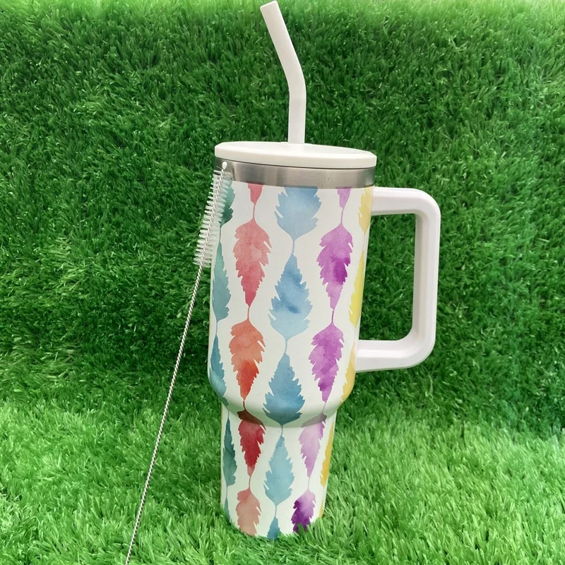 Customization 304 Stainless Steel Tumbler Feather Pattern 40 Oz Tumblers With Lid Straw 1