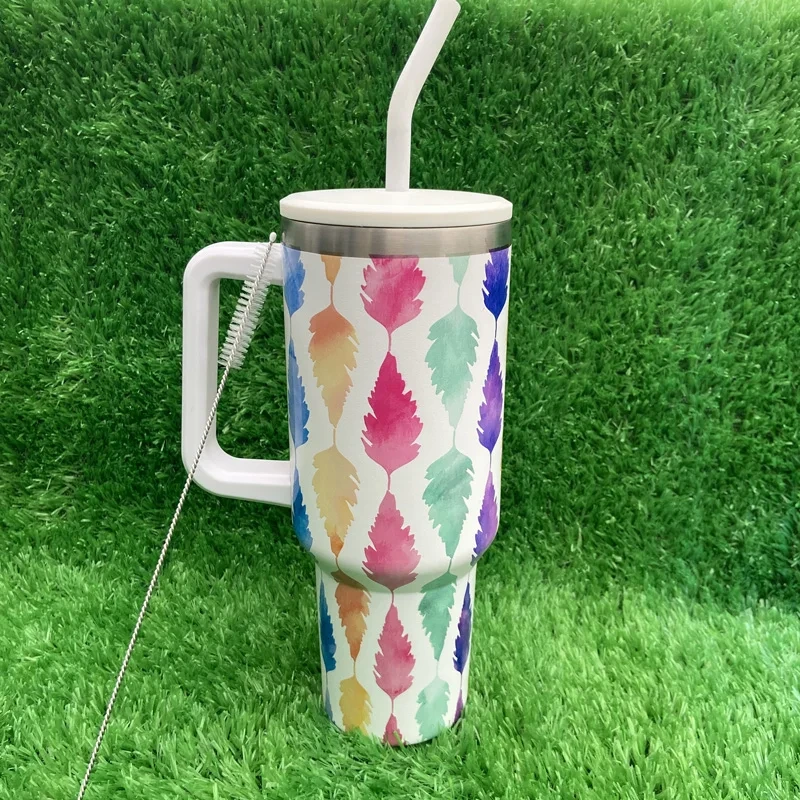 High Quality Feather Pattern Personalized 40 Oz Stainless Steel Tumbler Cup With Handle And Straw 1