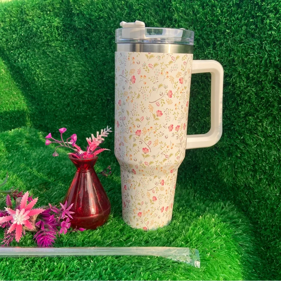 Wholesale High Quality Double Wall Tumbler White-small Flower Style Tumblers With Lid And Straw 1