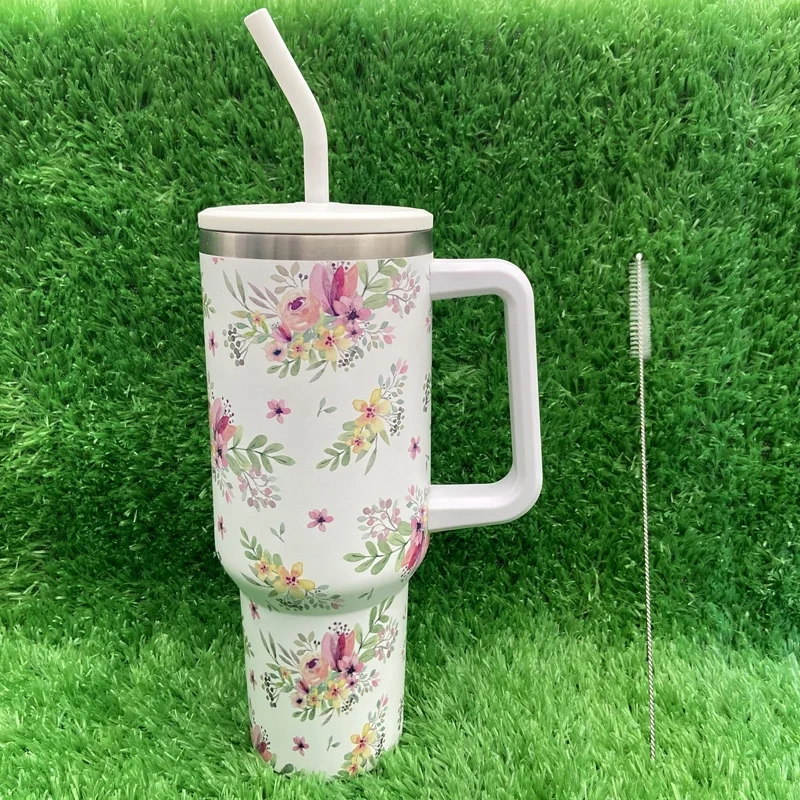 Hot Selling Customization Sublimation Stainless Steel Flower Series 40oz Tumbler With Handle 1