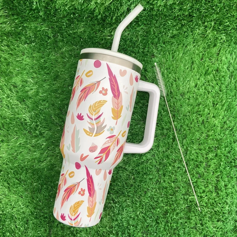 Hot Selling Feather Pattern Series 40 Oz Stainless Steel Double Wall Insulated Tumbler With Straw Lid 1