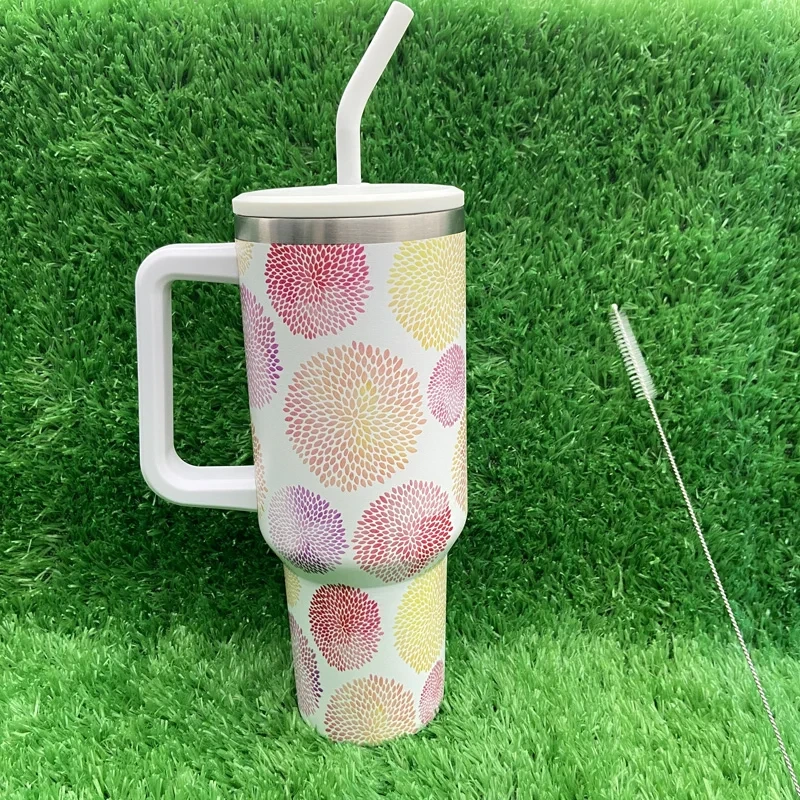 New Arrival Leaf Fireworks Printing Stainless Steel Sublimation Travel Tumbler With Handle And Straw Lid 1