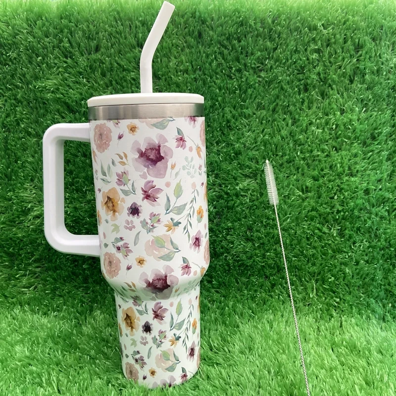 Popular Design Personalized Stainless Steel Tumblers Flower Series Sublimation 40oz Tumbler With Handle And Straw 1