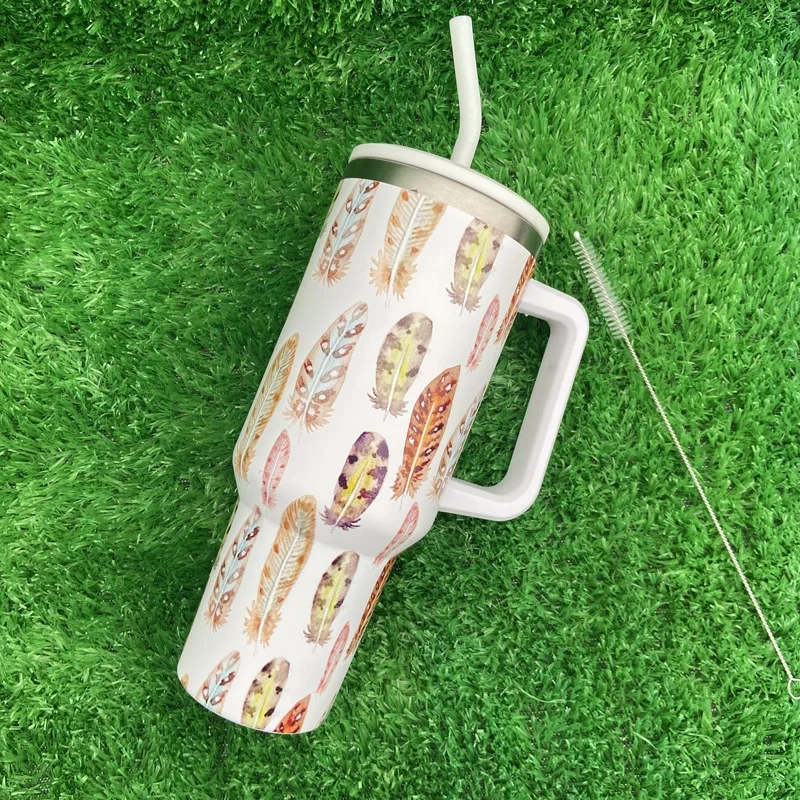 New Design Feather Pattern Series Tumbler 40 Oz Stainless Steel Vacuum Mug With Handle 1
