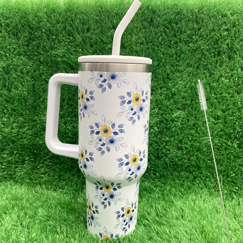 New Arrival Flower Series Pattern Tumbler Stainless Steel 40oz Sublimation Tumbler With Handle 1