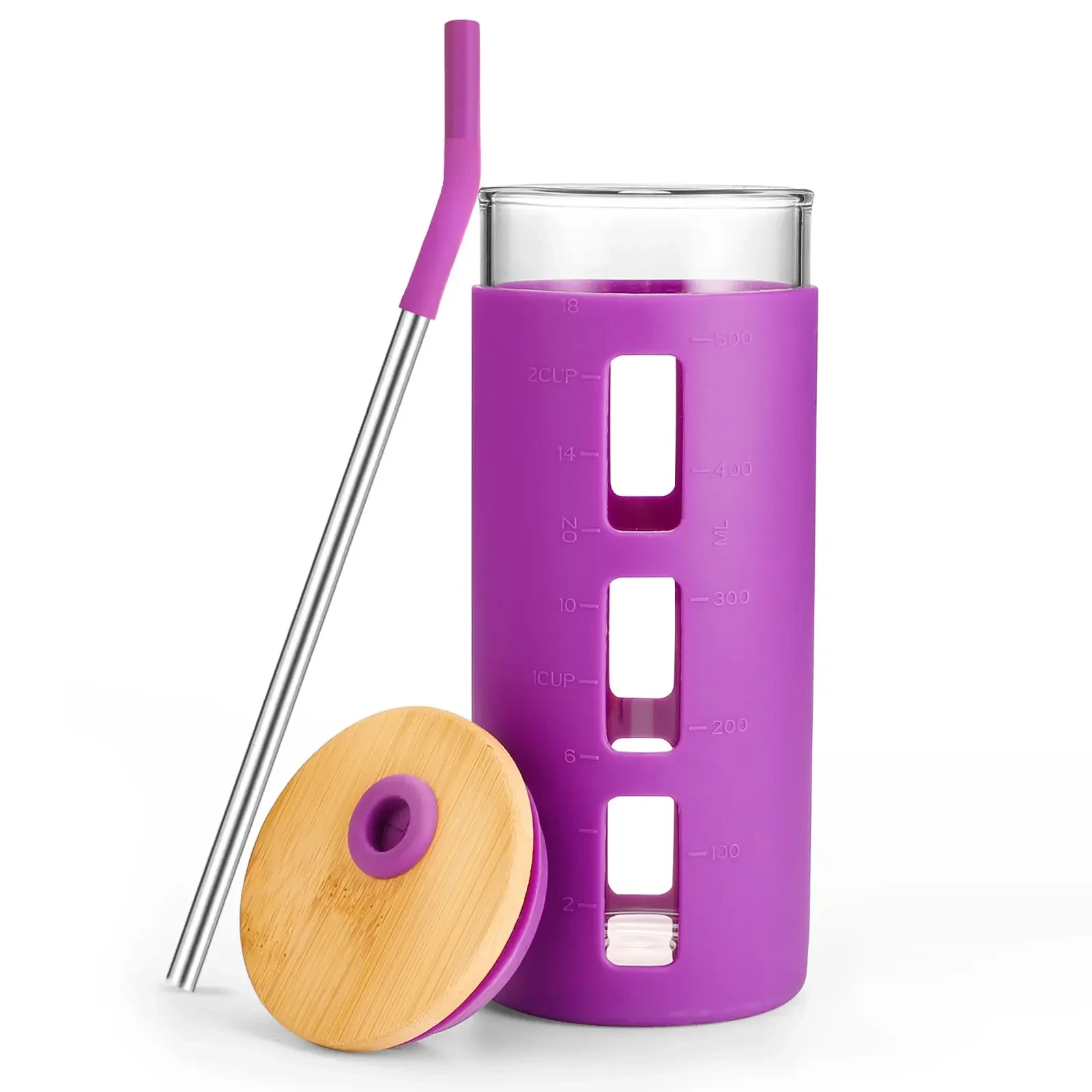 Eco Friendly 24oz Tea Coffee Milk Cup Glass Water Bottle Silicone Protective Sleeve Bamboo Lid Straw Glass Tumbler 1