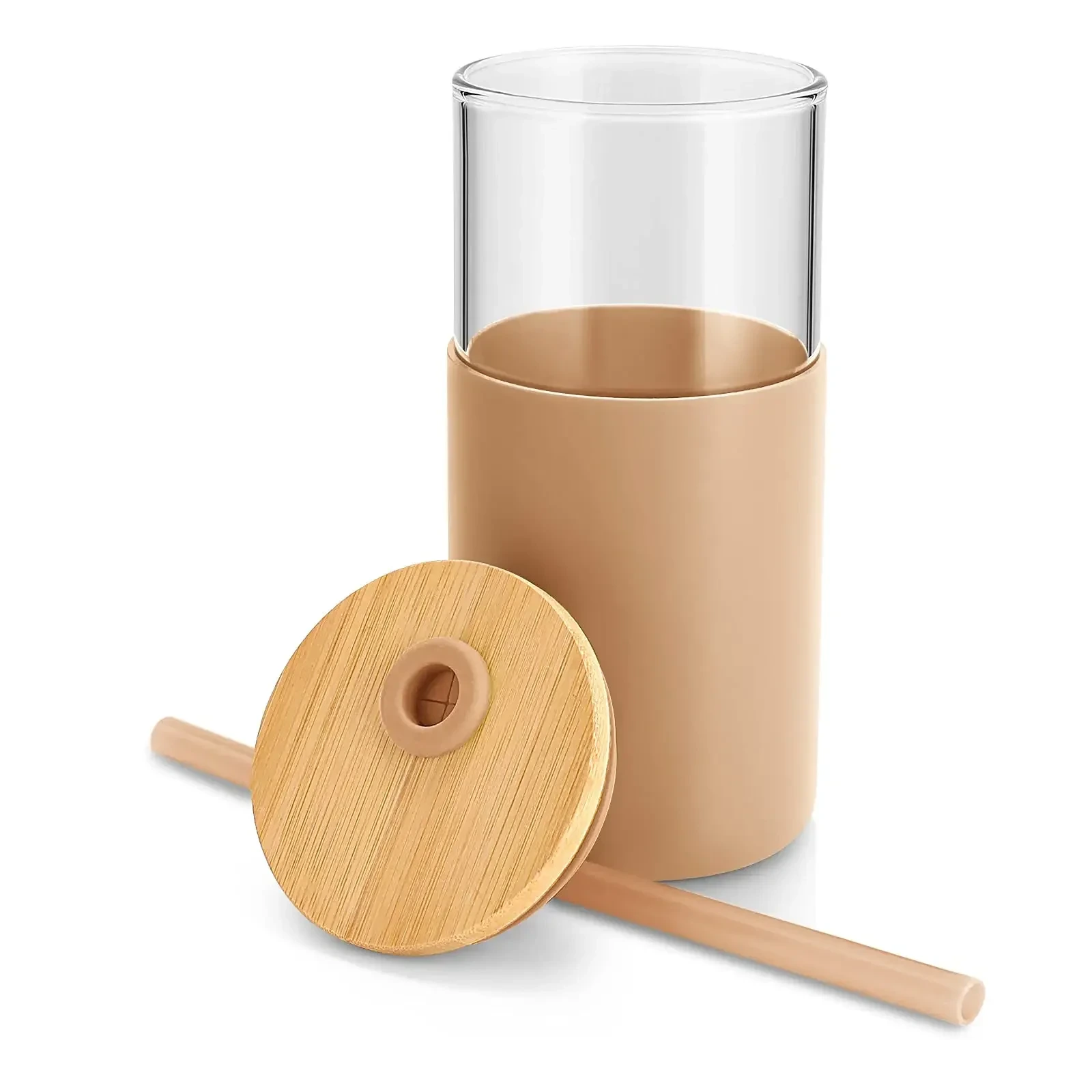 20oz Eco Friendly Straw Silicone Protective Sleeve Bamboo Lid Bpa Free Glass Water Tumbler Water Bottle 1