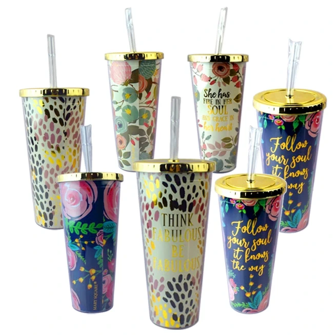 China Selection Ineedu Double Wall Plastic Tumbler Cup With Gold Lid And Straw Think Fabulous Be Fabulous 1