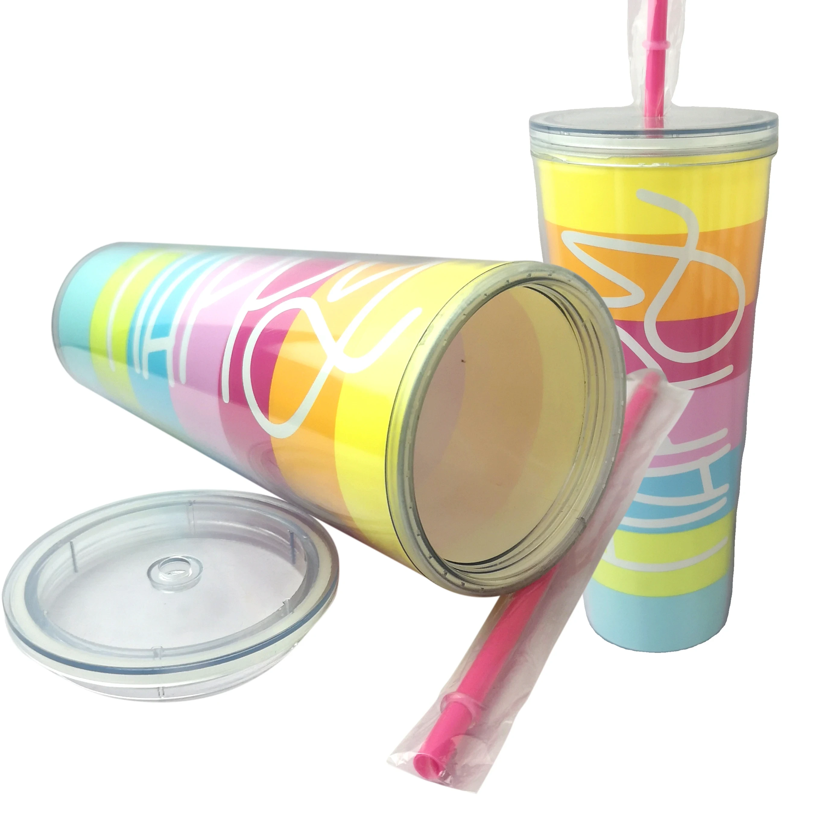 China Selection Customized Plastic Tumbler Cup Double Wall Plastic Tumbler With Straw Insert Pvc Film Insert Paper 1