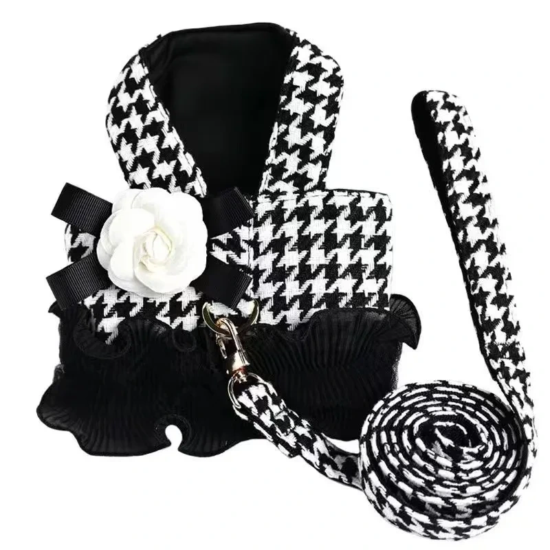 Harnais pied-de-poule classique pour chien, accessoire de luxe de styliste, ensemble de laisse avec nœud papillon floral, pour petits et moyens chiens et chats 1