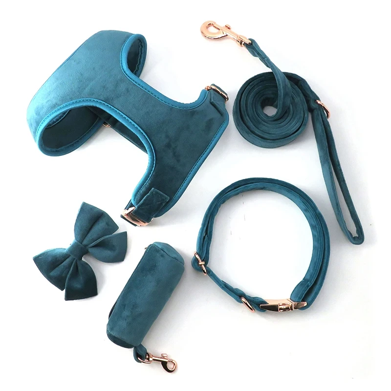 Custom Rose Gold Metal Buckle Velvet Dog Leash With Matching Collar,Hand Made Bowknot And Durable Leash Set 1