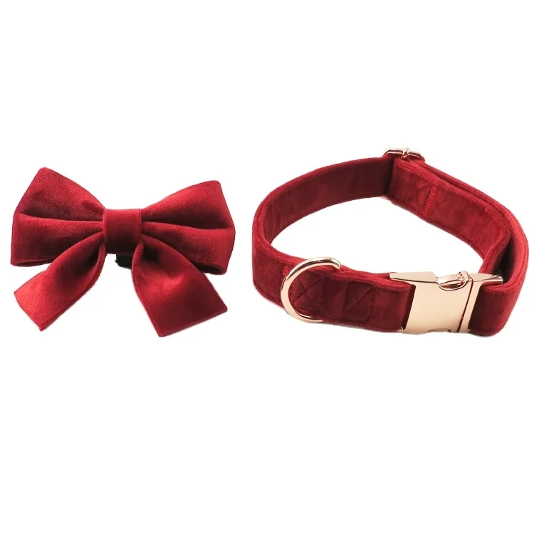 Accesorios para mascotas Corbata de lazo linda ajustable Rojo Terciopelo personalizado Perro Gato Collares para mascotas Arnés Correa Pajarita Bolsa para caca Conjunto Combo de 5 piezas 1