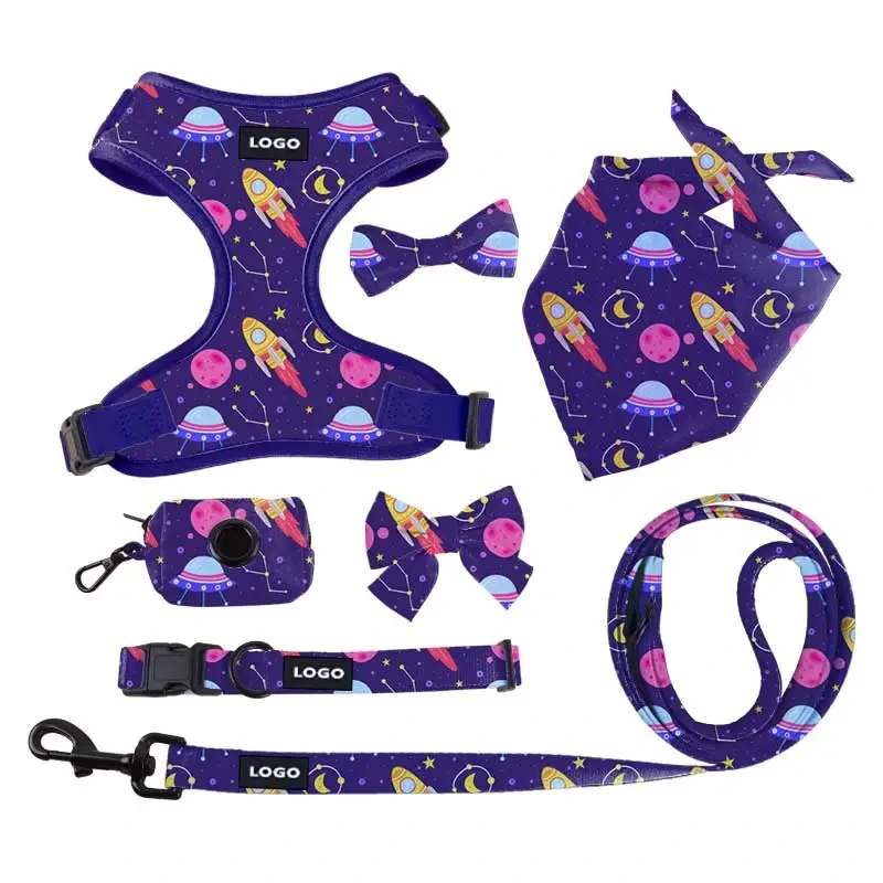 Neopren bedruckt, kein Ziehen, lila, Haustier-Weste, Halsband, Leine, weich gepolstert, für Katzen und Hunde, Leine, Step-in-Lock, verstellbares Luxus-Hundegeschirr 1