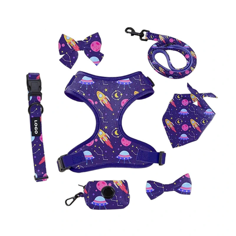 Purple Cute Dog 7-Piece Set – Harness, Collar, Leash, Poop Bag Holder, Bows | Breathable Durable Fabric, Customizable Print/Buckles, Adjustable Snug Fit for Small/Medium Dogs 1