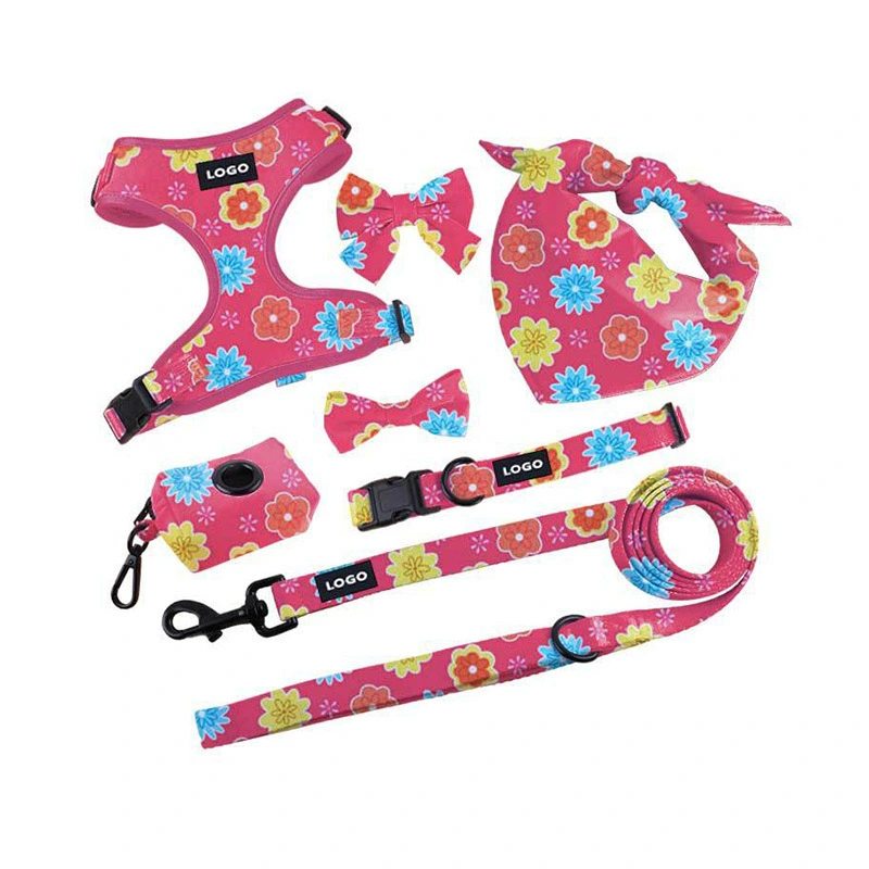 Pink Flowers Dog 7-Piece Set – Harness, Collar, Leash, Poop Bag Holder, Bandana, Bows | Breathable Durable Fabric, Customizable Print/Buckles, Adjustable Snug Fit for Small/Medium Dogs 1