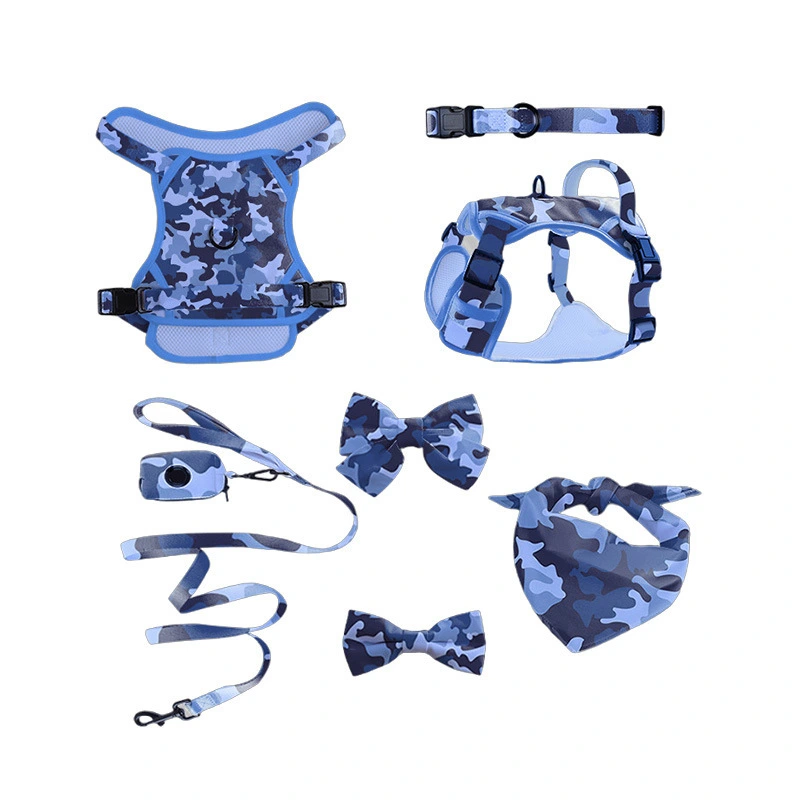 Blue Camouflage Print Dog 7-Piece Set – Harness, Collar, Leash, Poop Bag Holder, Bandana, Bows | Breathable Durable Fabric, Customizable Print/Buckles, Adjustable Snug Fit for Small/Medium Dogs 1