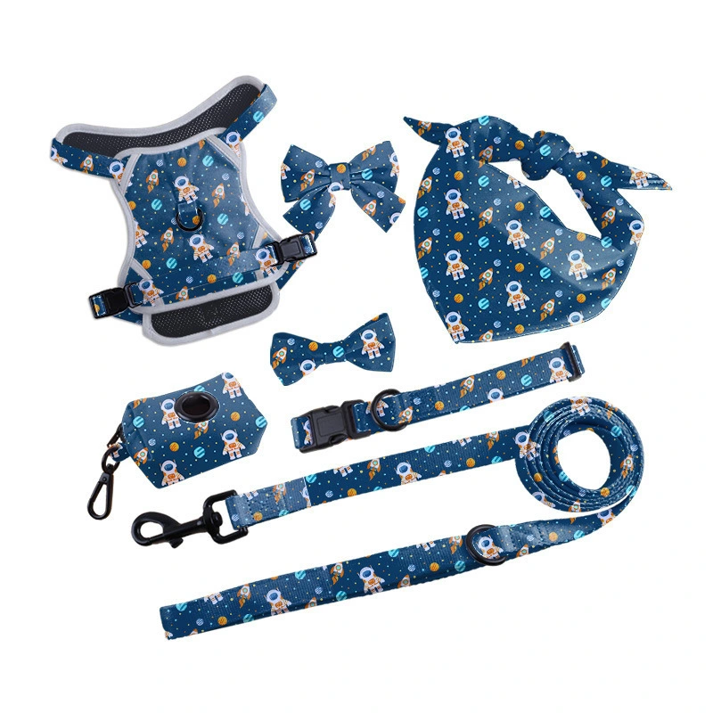 Blue Space Pattern Print Dog 7-Piece Set – Harness, Collar, Leash, Poop Bag Holder, Bandana, Bows | Breathable Durable Fabric, Customizable Print/Buckles, Adjustable Snug Fit for Small/Medium Dogs 1