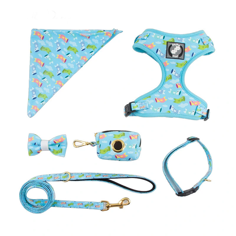 Blue Fish Pattern Print Dog 6-Piece Set – Harness, Collar, Leash, Poop Bag Holder, Bandana, Bows | Breathable Durable Fabric, Customizable Print/Buckles, Adjustable Snug Fit for Small/Medium Dogs 1