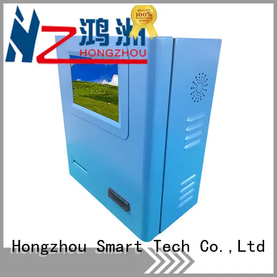 Wall mounted payment kiosk with blue powder coated in bank 1
