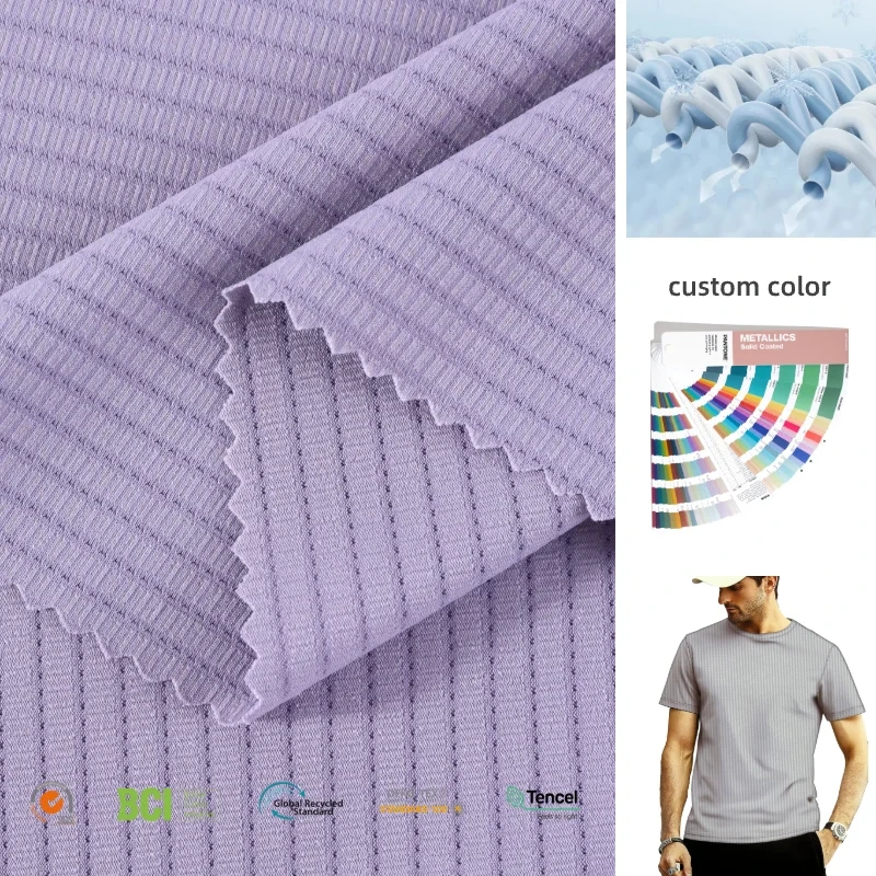 2025 New Arrival Stripe Pattern 4 Way Stretch 86 Polyester 14 Spandex Swimwear Jacquard Tshirt Fabric 1