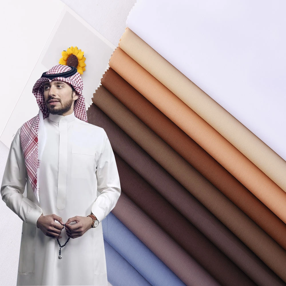 Fabricante chino caliente Abaya Material tejido blanco liso de microfibra Toyobo 100 Tejido de poliéster hilado para Thobe árabe 1