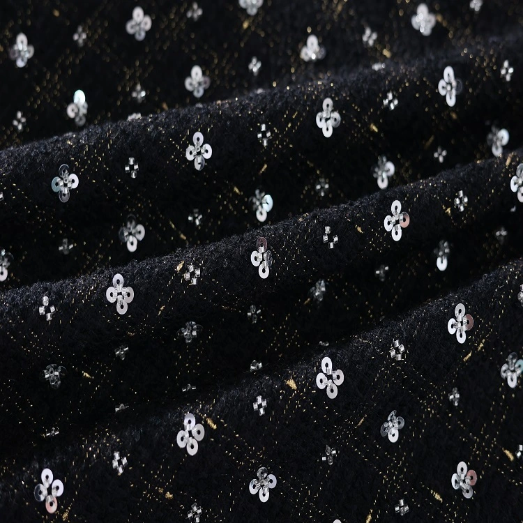 Tela de tweed de flores de lentejuelas negras tejidas de poliéster teñido en hilo del fabricante de China 1