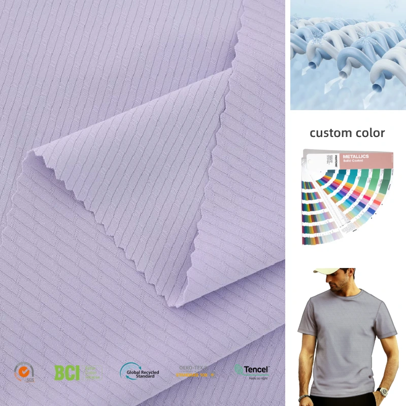 Polyester Spandex T Shirt Fabric Breathable and Sun Protection UPF 50+ Wicking and Plain Dyed Knitted Striped Jersey Style 1