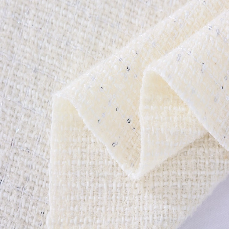 F/W New Arrival Yarn Dyed Weaving Polyester Acrylic Wool White Tweed Sequin Fabric for Women Blazer 1