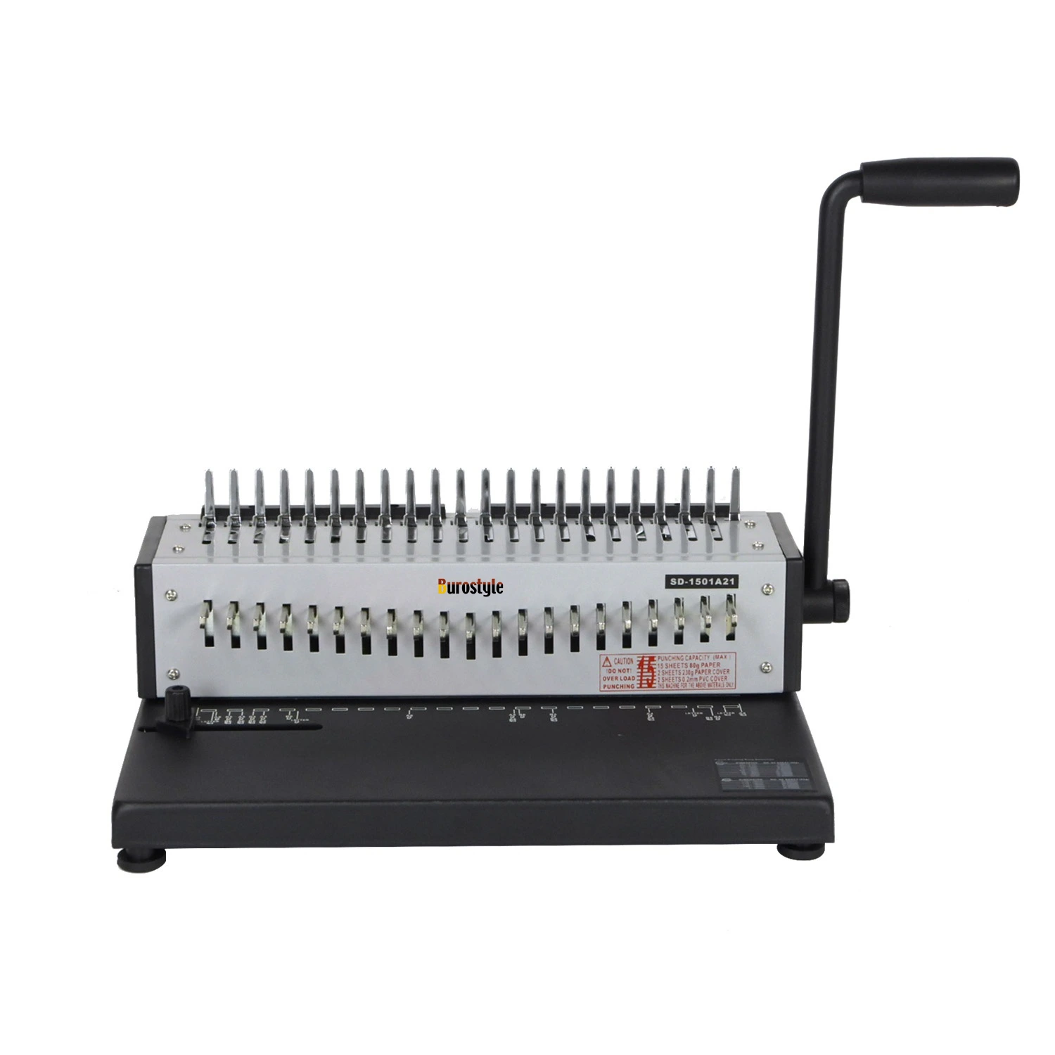 Machine à relier Burostyle, classeur à peigne manuel avec 21 anneaux, capacité de perforation de 12 feuilles et capacité de reliure de 200 feuilles pour le format A4. La construction métallique robuste garantit une utilisation durable, SD-1501A21 1
