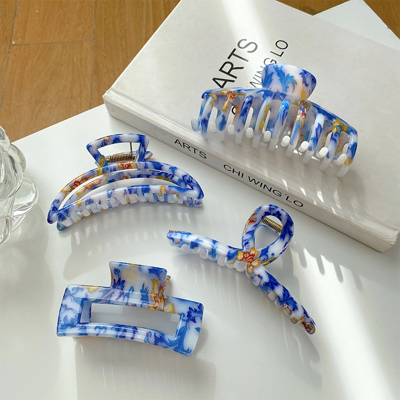 DOWELL neue Großhandels-Haaraccessoires aus blauem und weißem Porzellan im Landhausstil, große Kunststoff-Haarklammern 1