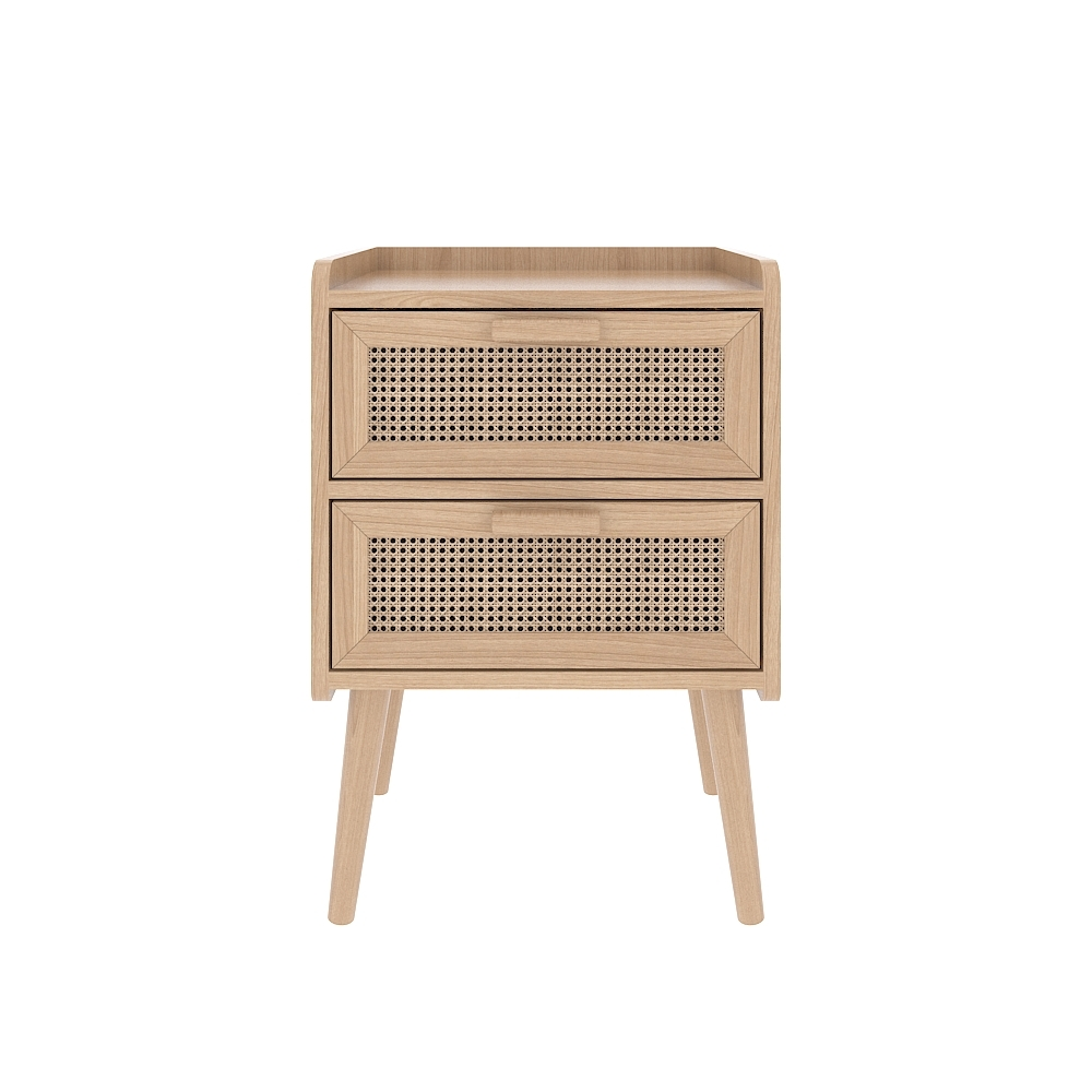 Mesita de noche de ratán para habitación pequeña con 2 cajones y patas de madera maciza 1
