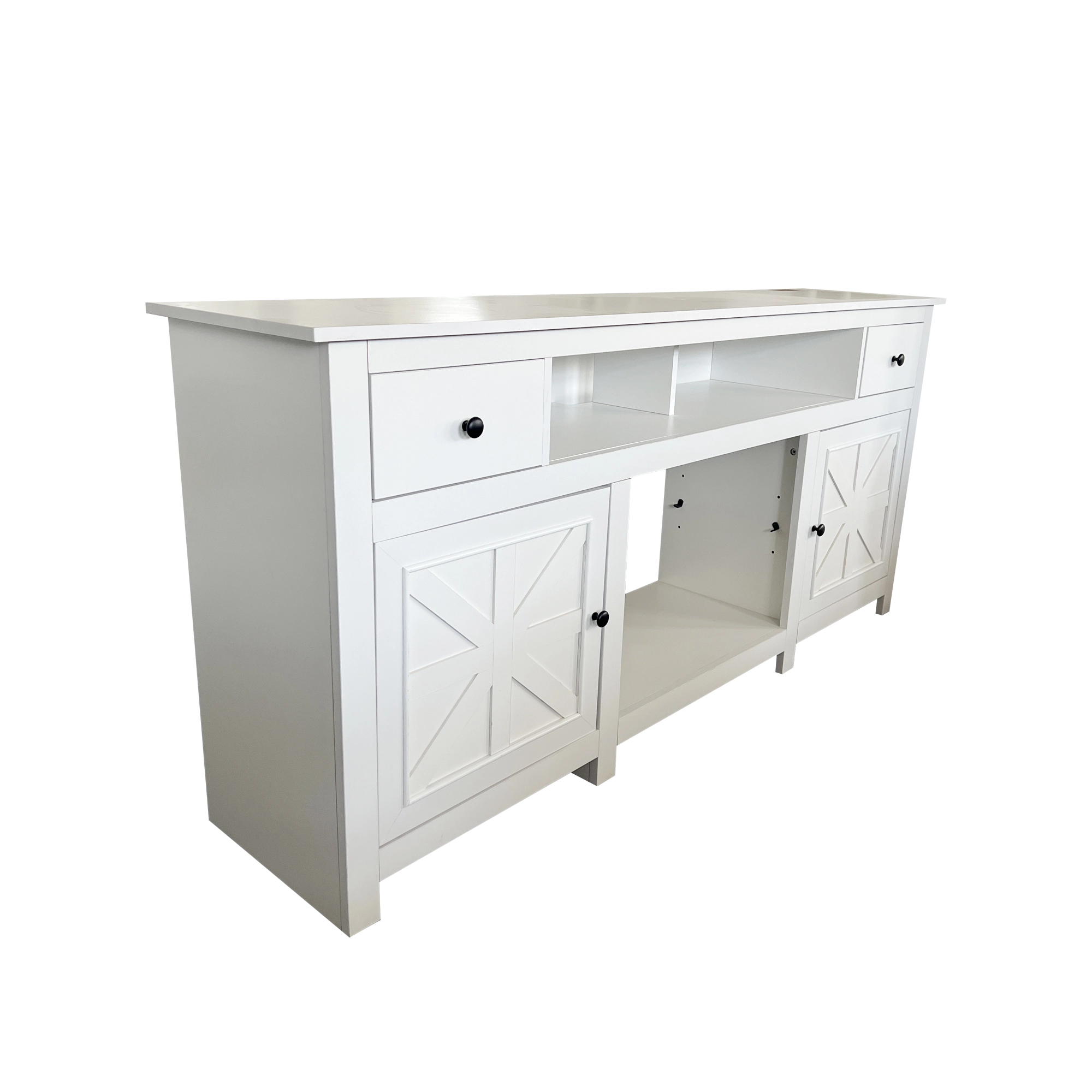 Mueble para TV con chimenea Farmhouse, televisores de 80, blanco, con cajones de almacenamiento 1