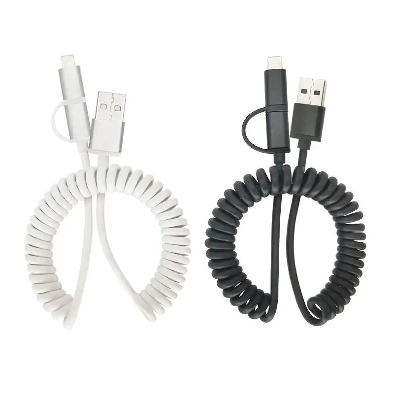 PU spring coiled 2 in 1 usb cable micro 8 pin charging sync data usb cable for iphone android SXD108 1