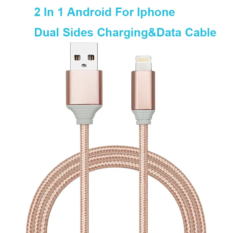 Fast Charging 2 in 1 Nylon Braided Dual Sided Charging Data Cord for Iphone Android 1